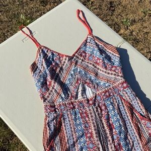 Shinestar Red and Blue Patterned Midi Dress